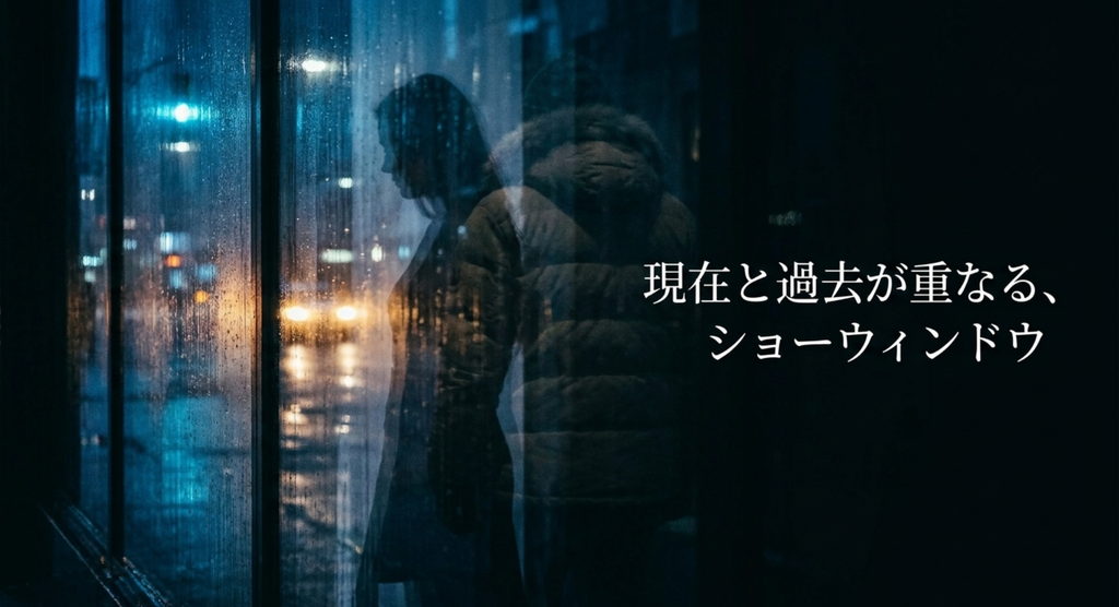雨のショーウィンドウに人物の姿と記憶が重なり、現在と過去が交差する情景