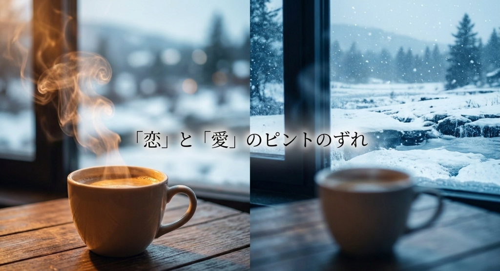 暖かな室内と雪景色を対比し、恋と愛の間にある感情のずれを表したスライド