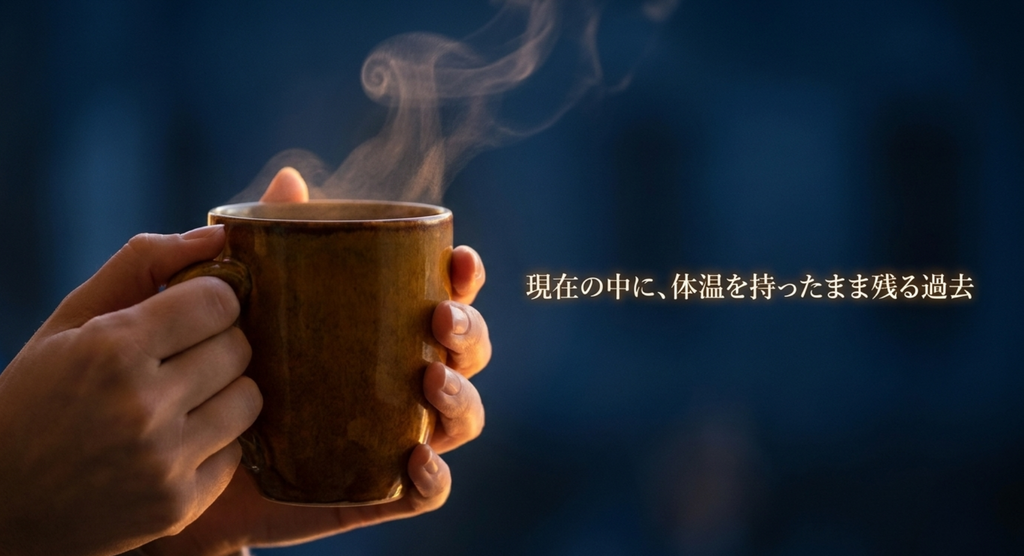 湯気の立つマグカップを両手で持ち、現在にも体温を残す過去の記憶を表現したスライド