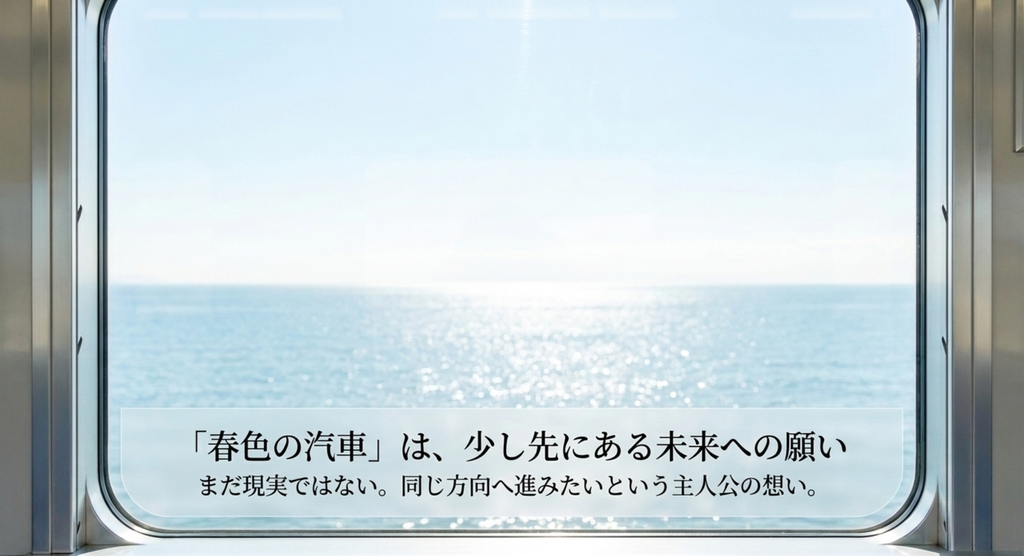 車窓から海を望む景色と春色の汽車が象徴する二人の未来への願い
