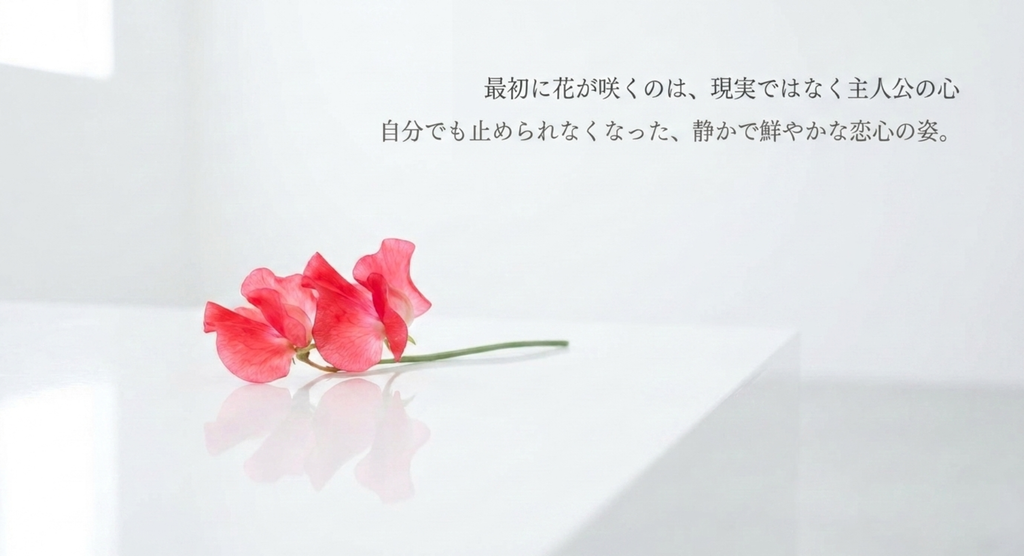 白い空間に咲く赤いスイートピーと主人公の中で育った恋心