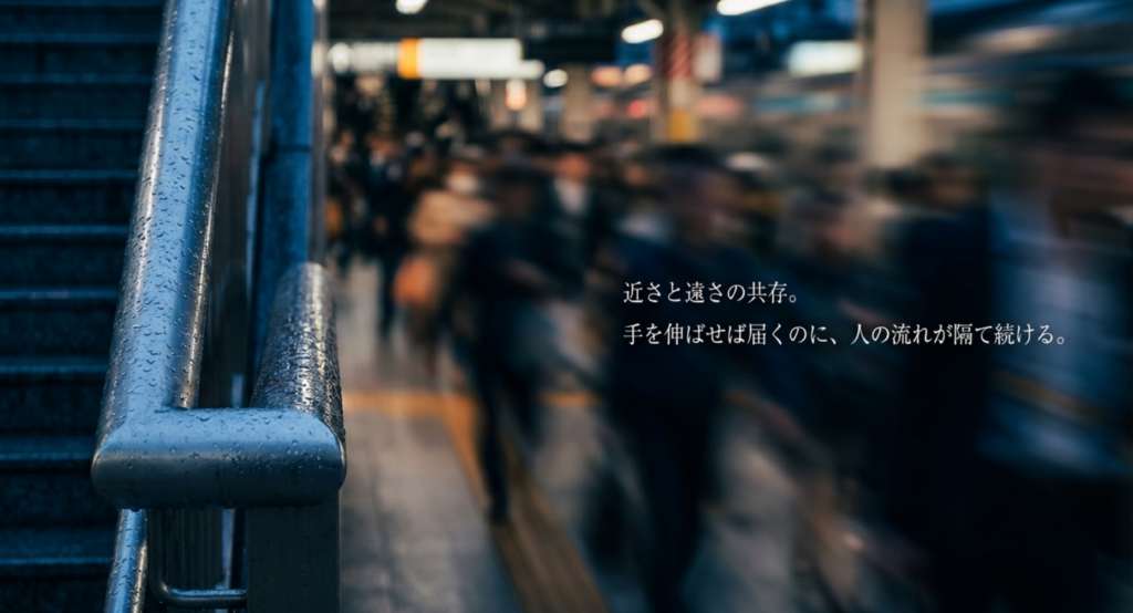 駅の人混みの中で手を伸ばせば届く近さと遠さを表したスライド