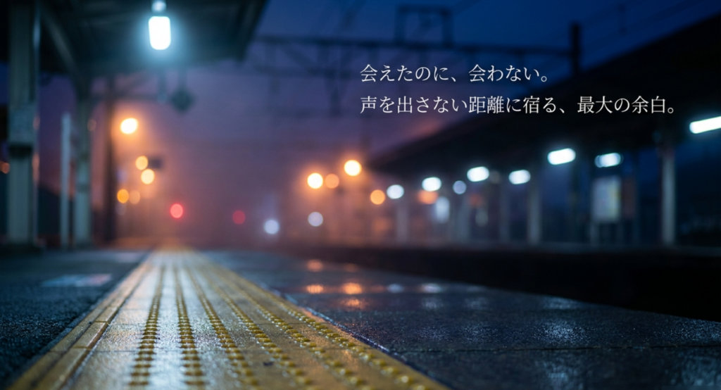 雨の駅ホームと、再会しても声をかけない二人の距離を表した考察スライド