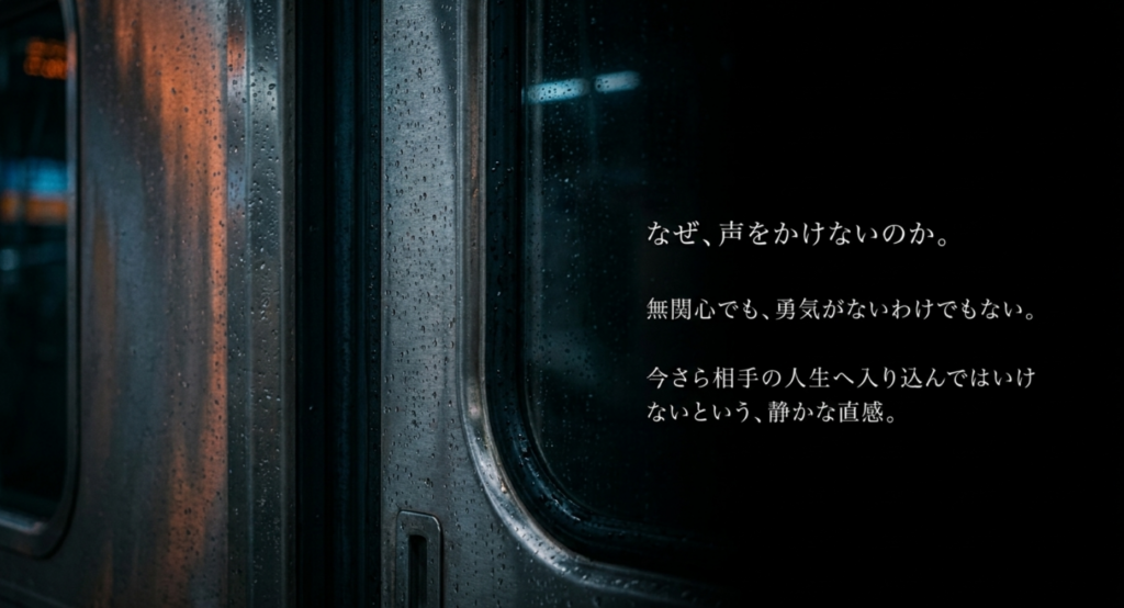 相手を見つけても声をかけない主人公の静かなためらいを考察したスライド