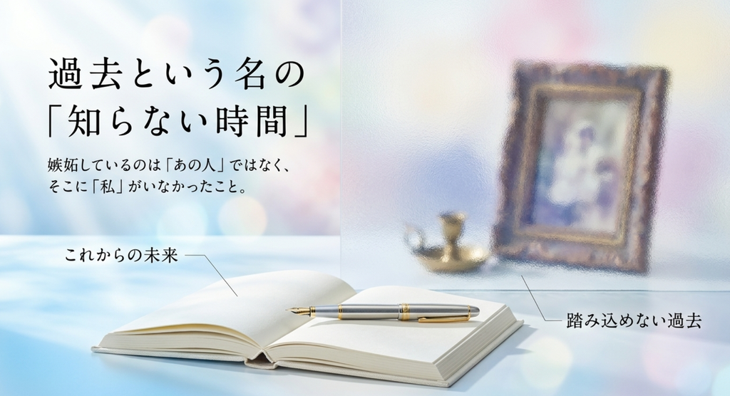 開いたノートとぼやけた写真で、自分がいなかった過去と、これから二人で歩いていく未来を表したスライド