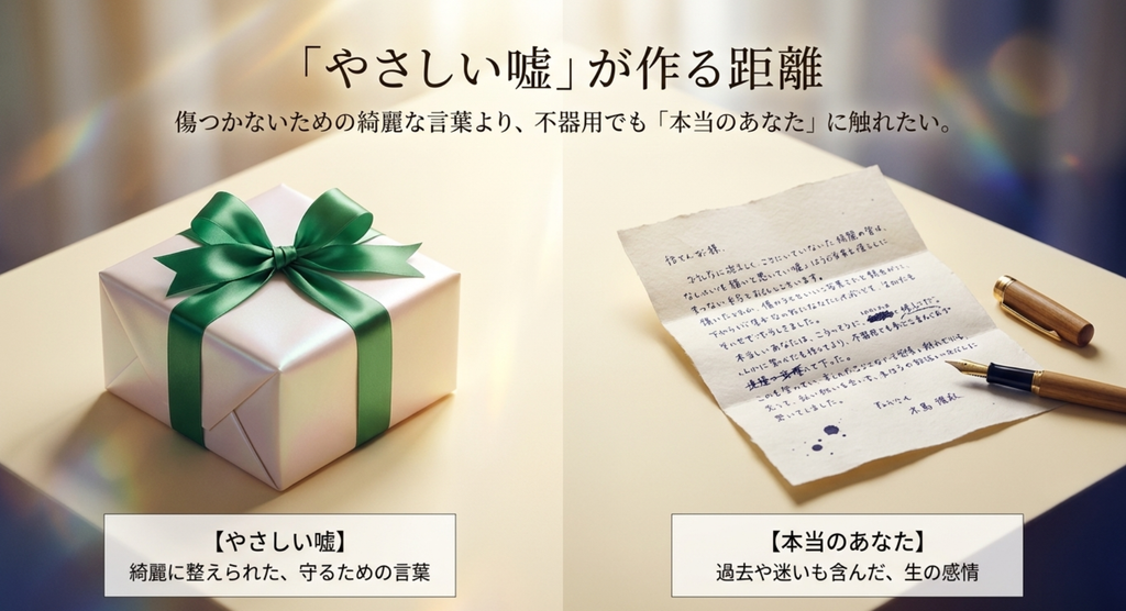 贈り物と手紙を対比し、傷つけないための「やさしい嘘」と本当のあなたとの距離を表したスライド