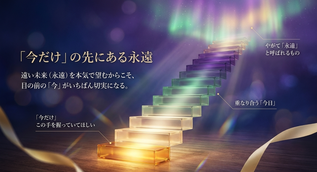 光る階段が未来へ伸び、「今だけ」の積み重ねがやがて永遠へつながっていくイメージを表したスライド