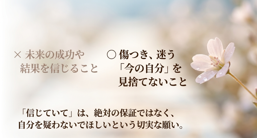 「信じていて」は未来の成功ではなく、傷つき迷う今の自分を見捨てないことだと表したスライド