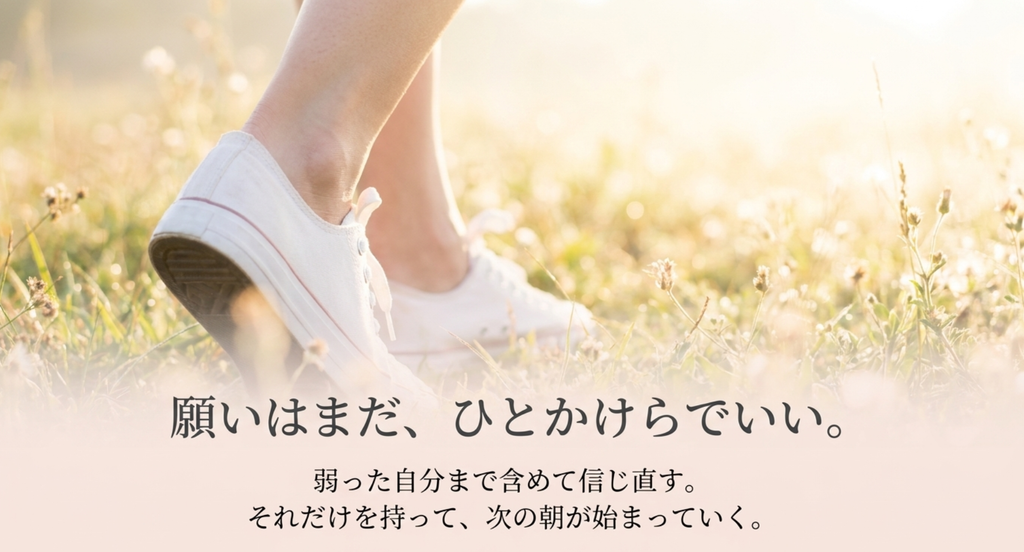 弱った自分まで含めて信じ直し、小さな願いを持って次の朝へ歩き出す余韻を表したスライド