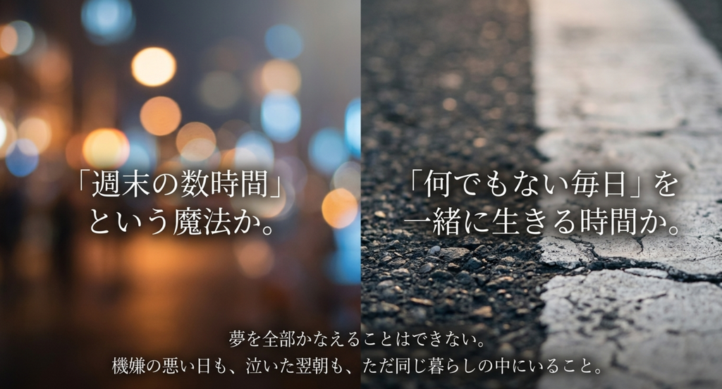 彼と過ごす週末の数時間と、何でもない毎日を一緒に生きる時間を対比したスライド