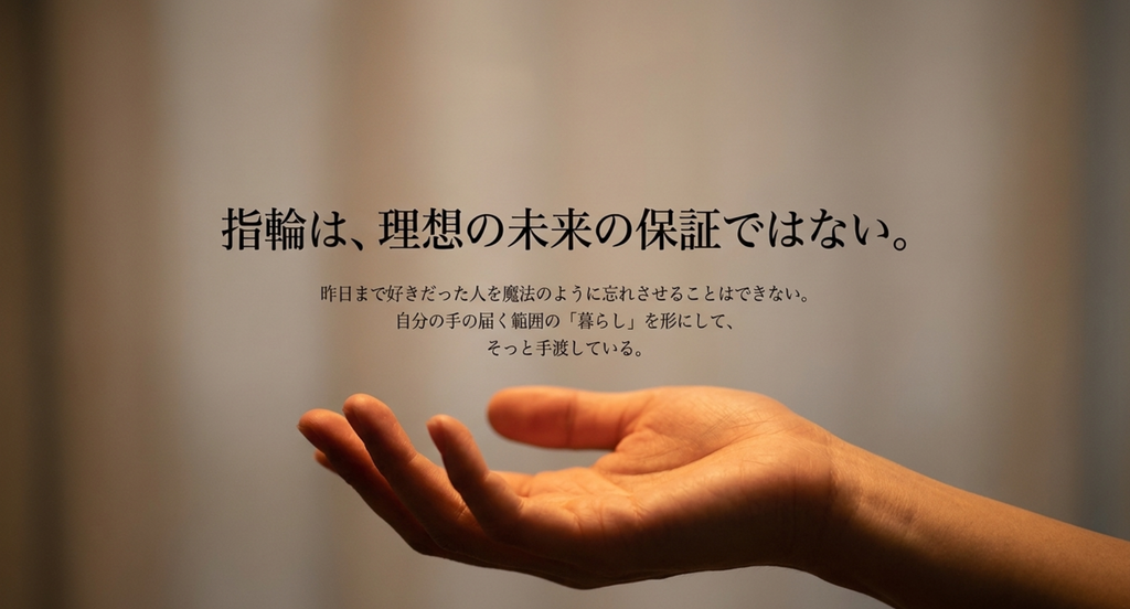 指輪を理想の未来の保証ではなく、自分の手の届く暮らしを差し出すものとして描いたスライド