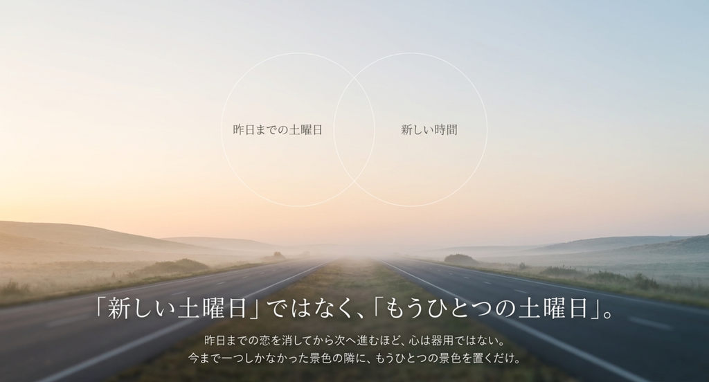 昨日までの土曜日を消さず、その隣に新しい時間を置く「もうひとつの土曜日」の意味を表したスライド