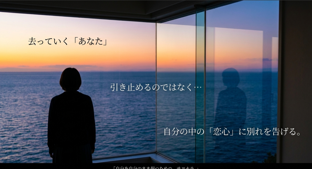 夕暮れの海を見つめる人物のシルエットで、自分の恋心に別れを告げる心情を表したスライド
