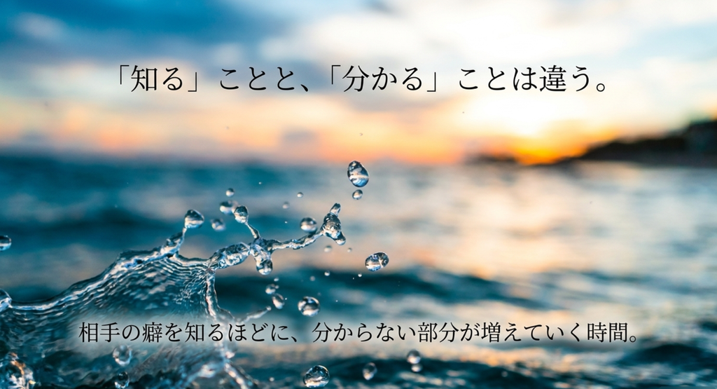 波しぶきと夕景で、相手を知るほど分からない部分が増えていく二人の時間を表したスライド