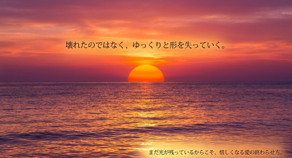 海へ沈む夕日で、突然壊れるのではなくゆっくり遠ざかる愛を表したスライド