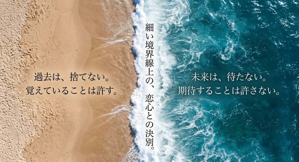 砂浜と海の境界で、過去は捨てず未来は待たない恋心との決別を表したスライド