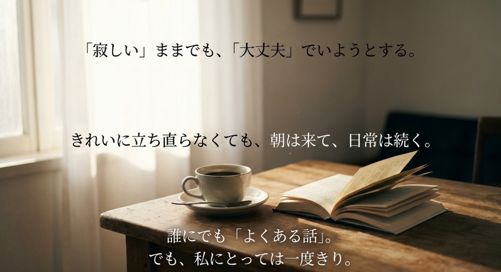 朝の光が入るテーブルで、寂しさを抱えながら日常へ戻ろうとする気持ちを表したスライド