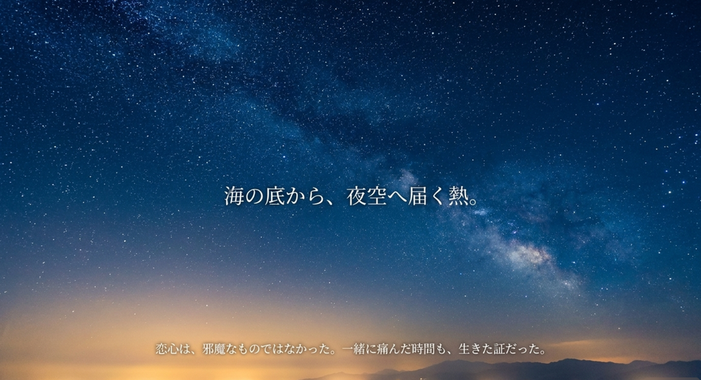星空と街の灯りで、恋した時間を生きた証として受け止める終盤の余韻を表したスライド