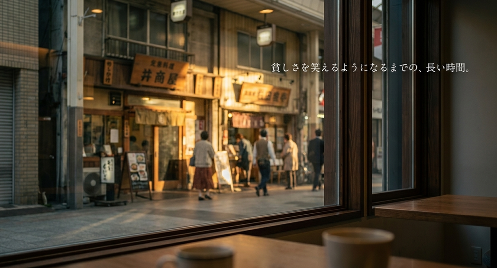 貧しかった頃の記憶を大人になって笑って振り返れるまでの時間を表したスライド
