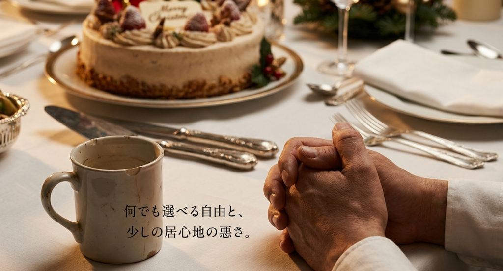 豪華なクリスマスの食卓を前に何でも選べる自由と少しの居心地の悪さを表したスライド