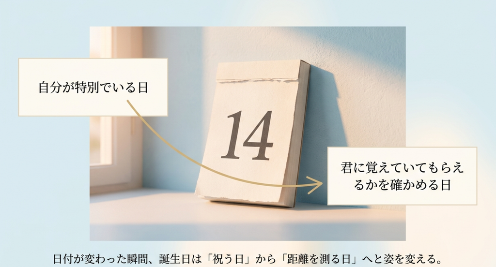 日めくりカレンダーと、誕生日が君との距離を測る日に変わることを表したスライド