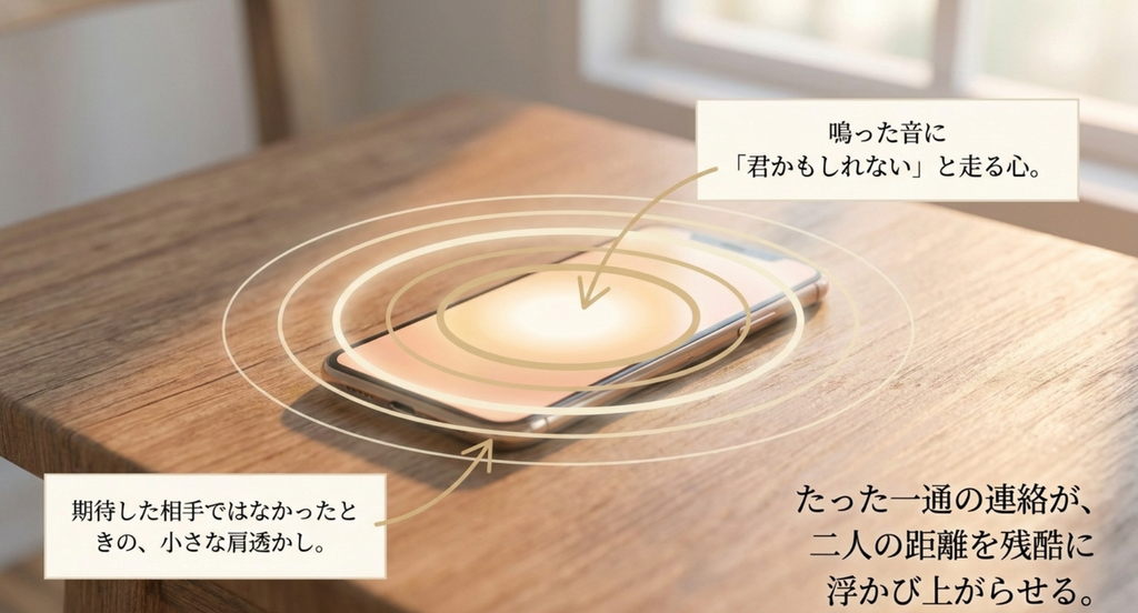 スマートフォンの着信と、期待した相手ではなかった肩透かしから二人の距離を表したスライド