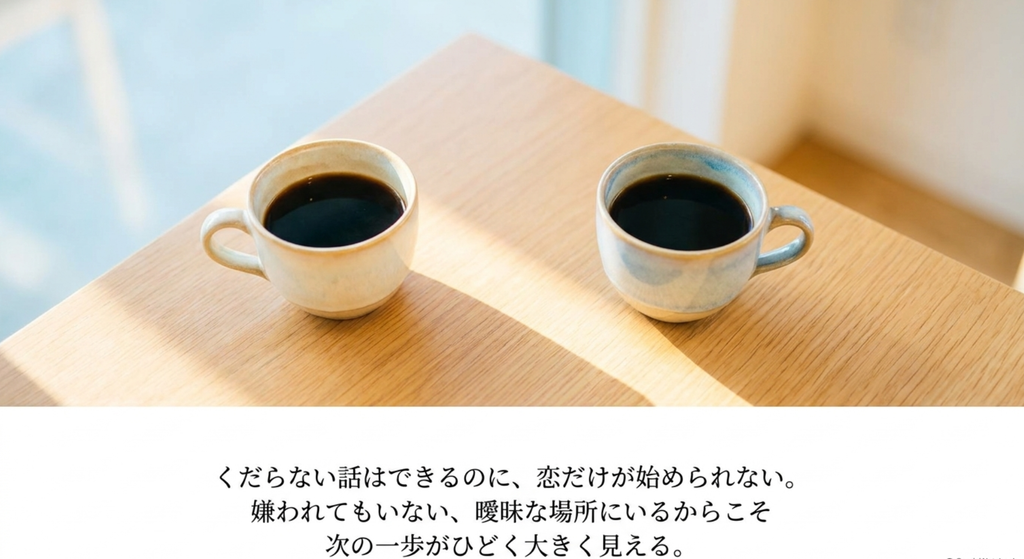 二つのコーヒーカップで、近いのに恋が始められない曖昧な二人の距離を表したスライド