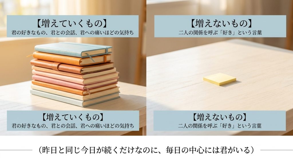 君への気持ちは増えていく一方、二人の関係を呼ぶ言葉は増えないことを対比したスライド
