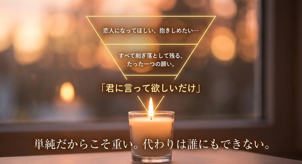 ろうそくの灯りと図で、片想いの願いが君からの一言へ絞られていく様子を表したスライド