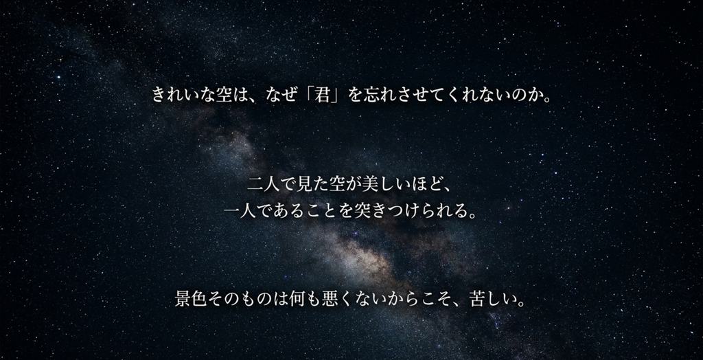 満天の星空を背景に、二人で見た空が美しいほど一人でいる現在を意識させる「プラネタリウム」の記憶を表したスライド