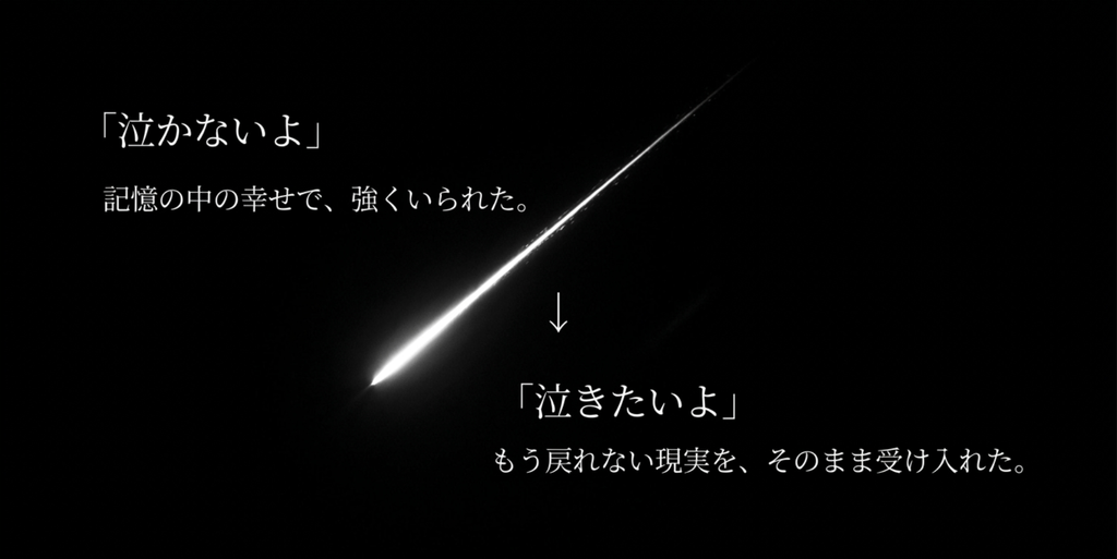 暗い夜空を横切る流れ星と、「泣かないよ」から「泣きたいよ」へ変わる「プラネタリウム」の心の動きを表したスライド