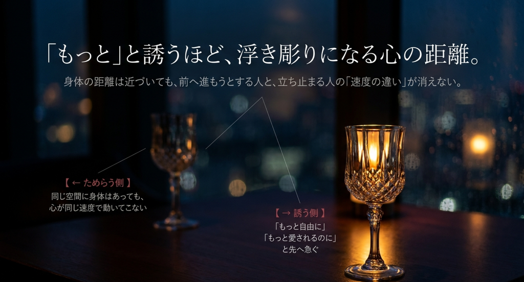 二つのグラスを使い、先へ進もうとする人と立ち止まる人の心の速度の違いを表した「ワインレッドの心」考察スライド