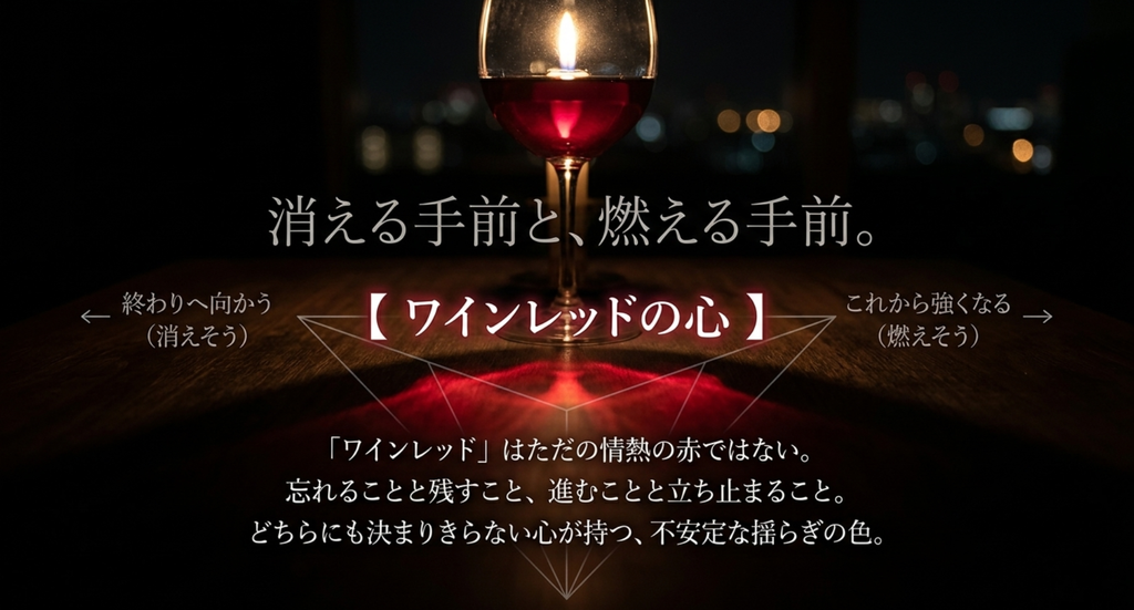 赤いワインと炎を重ね、消えそうな心とこれから燃えそうな心のあいだで揺れる「ワインレッドの心」を表したスライド
