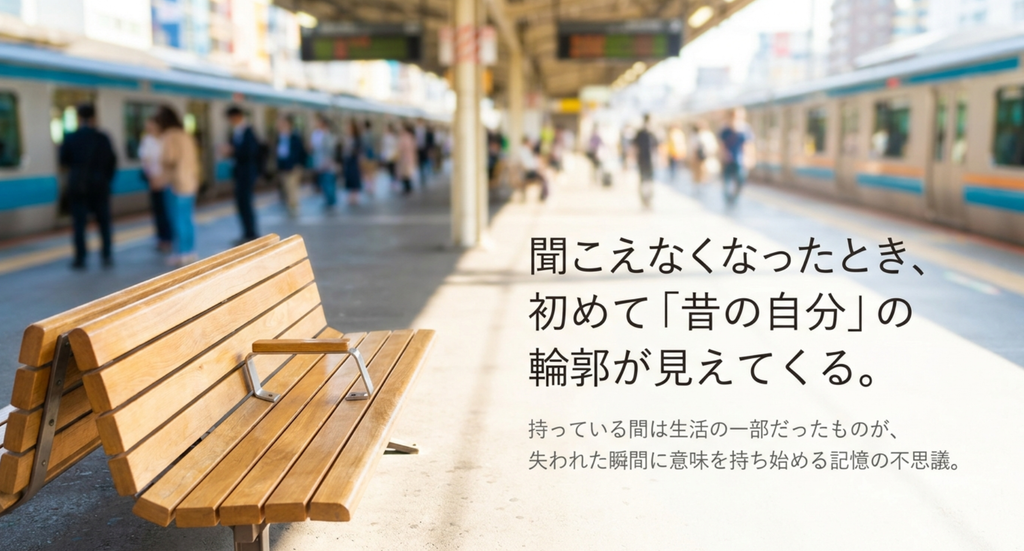 駅のベンチと行き交う人々を背景に、聞こえなくなったことで昔の自分の輪郭が見えてくる記憶を表したスライド
