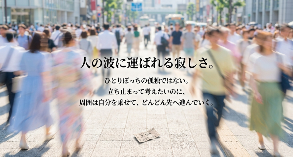 大勢の人が行き交う街で、周囲の流れに運ばれながら自分の行き先を見失う寂しさを表したスライド