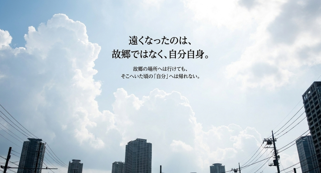 夏空と街並みを背景に、遠くなったのは故郷ではなく故郷にいた頃の自分自身だという考察を表したスライド