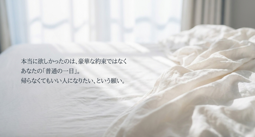 白いベッドと帰らなくてもいい人になりたいという願いを表したスライド