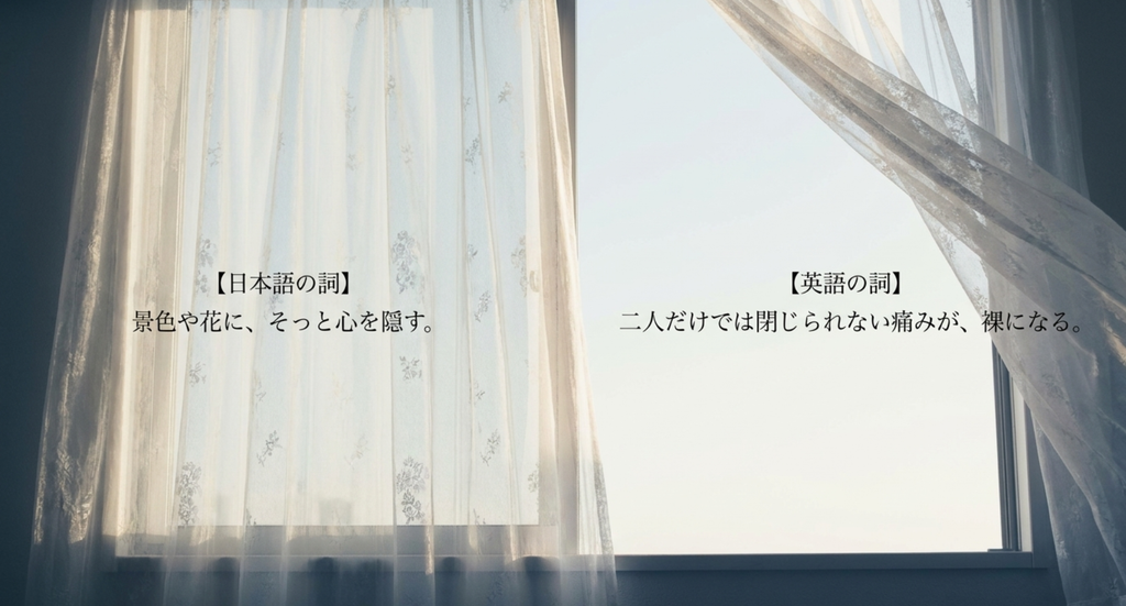 日本語詞と英語詞で心の見え方が変わることを表したスライド