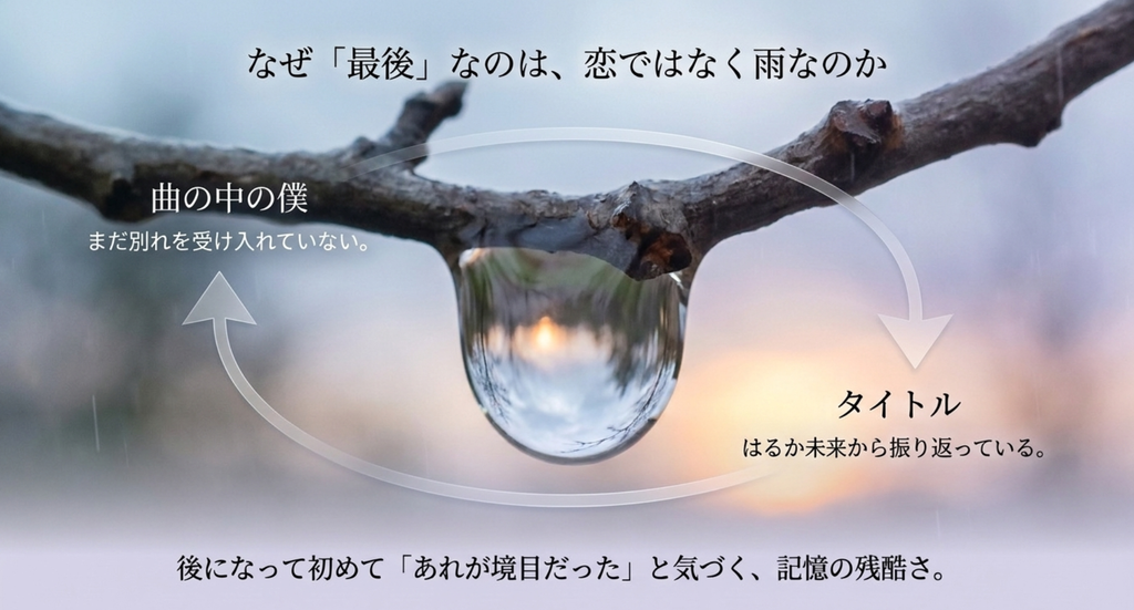 別れをまだ受け入れられない僕と、あとから境目だったと気づく「最後の雨」というタイトルの時間差を表した考察スライド