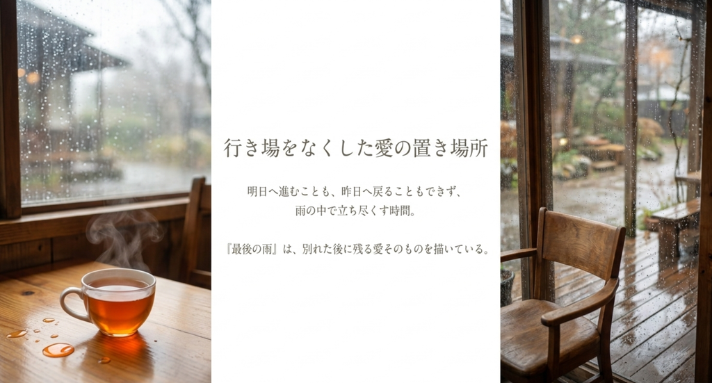 雨の窓辺と空いた椅子で、明日へ進むことも昨日へ戻ることもできず残された愛の時間を表した「最後の雨」の考察スライド