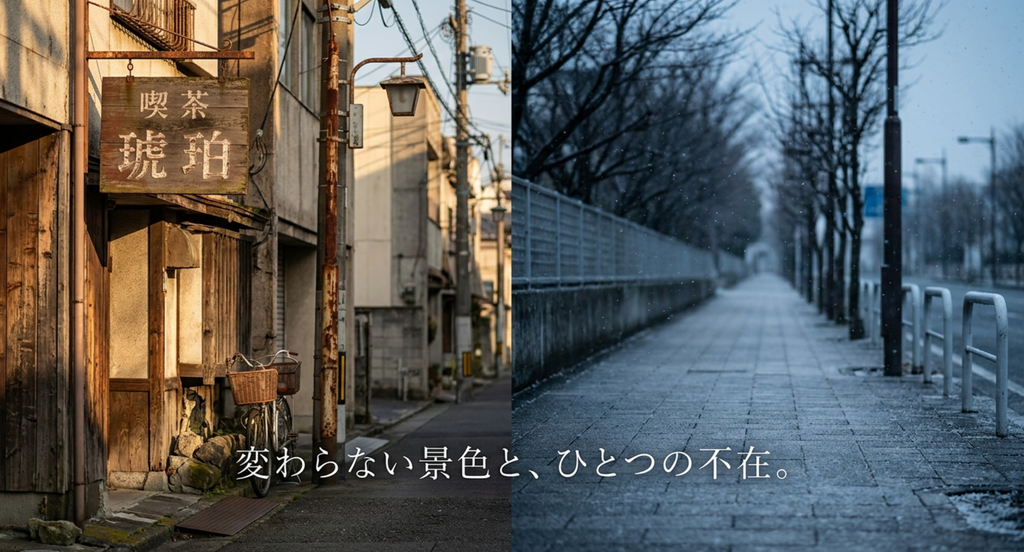 古い街並みと冬の道を対比し「変わらない景色と、ひとつの不在。」と表した渡良瀬橋の考察スライド