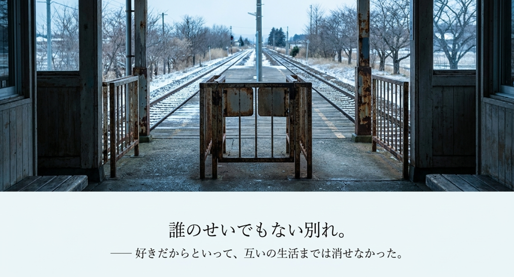 雪の残る駅と線路を背景に「誰のせいでもない別れ。」と表した渡良瀬橋の別れを考えるスライド