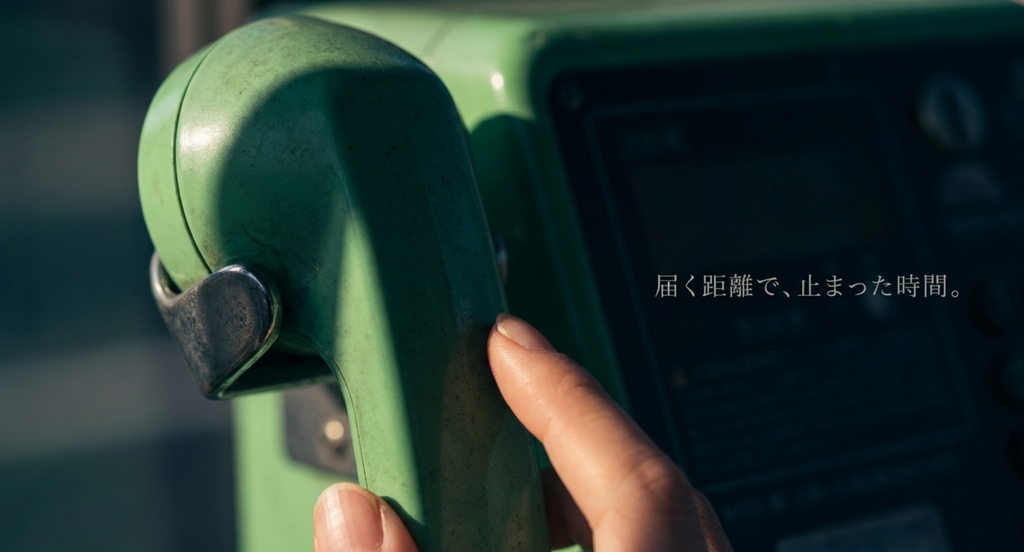 緑色の公衆電話の受話器に手を添え「届く距離で、止まった時間。」と表した渡良瀬橋の考察スライド