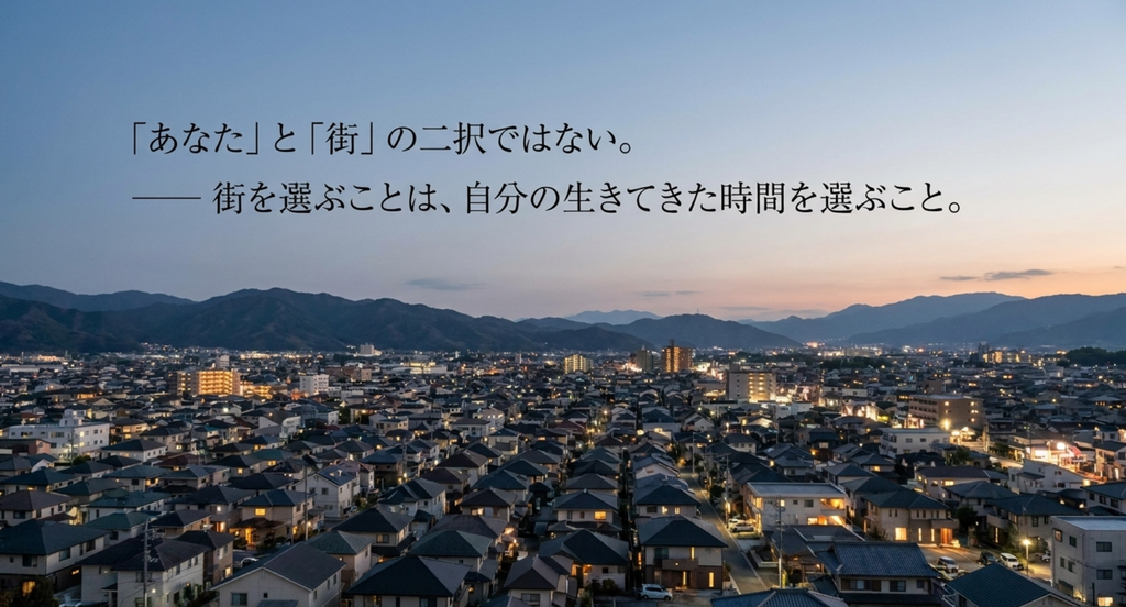 夕暮れの街並みを背景に「『あなた』と『街』の二択ではない。」と表した渡良瀬橋の考察スライド