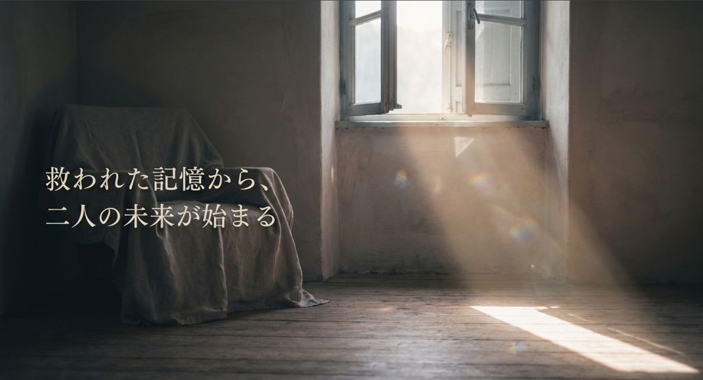 窓から光が差す静かな部屋に小さな虹が映る、救われた記憶から二人の未来が始まることを表したスライド