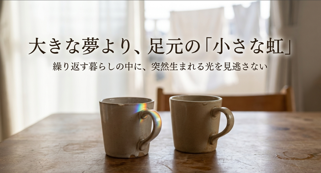 日差しの入る食卓に二つのマグカップと虹色の光があり、繰り返す暮らしの中に生まれる小さな幸せを表したスライド