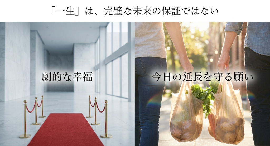 レッドカーペットの劇的な幸福と買い物袋を持って歩く二人の日常を対比し、「一生」を今日の延長として描いたスライド