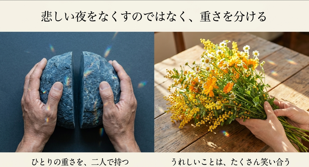 重い石を二人の手で支える場面と明るい花束を並べ、悲しみは分け合い、うれしいことはたくさん笑い合う関係を表したスライド